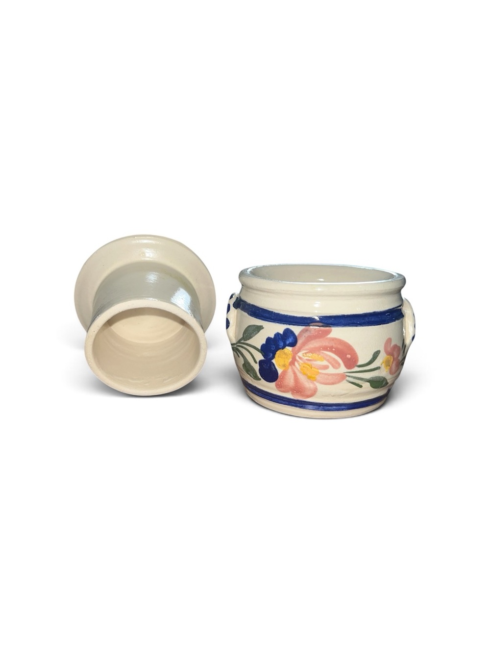 Handcrafted Butter Bell Ceramic Floral Planter - Cream with Blue Trim